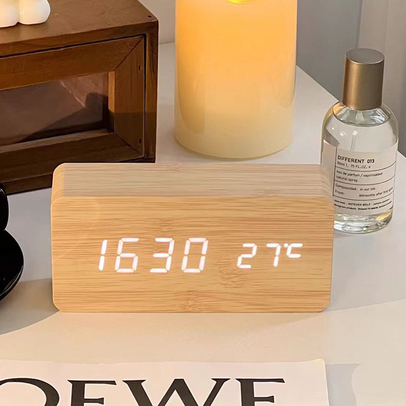 Led Desk Clock - Digitale wekker Houten LED-tafelklok met temperatuur